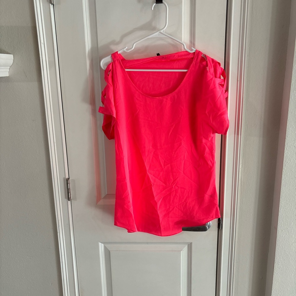 Express Neon Pink Blouse with Criss-Cross Detail Sleeves Size M
